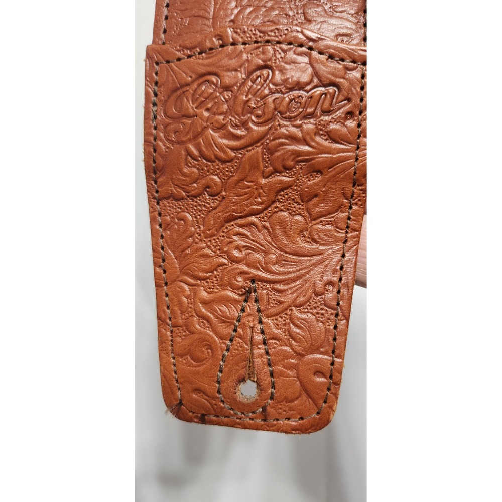 Gibson Leather Guitar Strap Floral Embossed Western Brown Adjustable stain pics